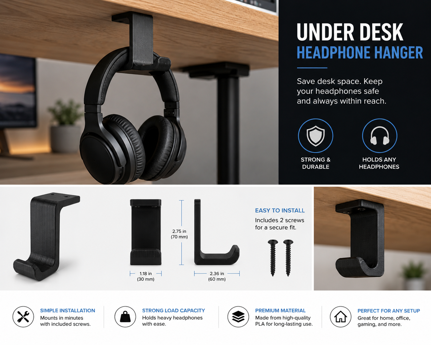 3D Printed Under Desk Headphone Hanger